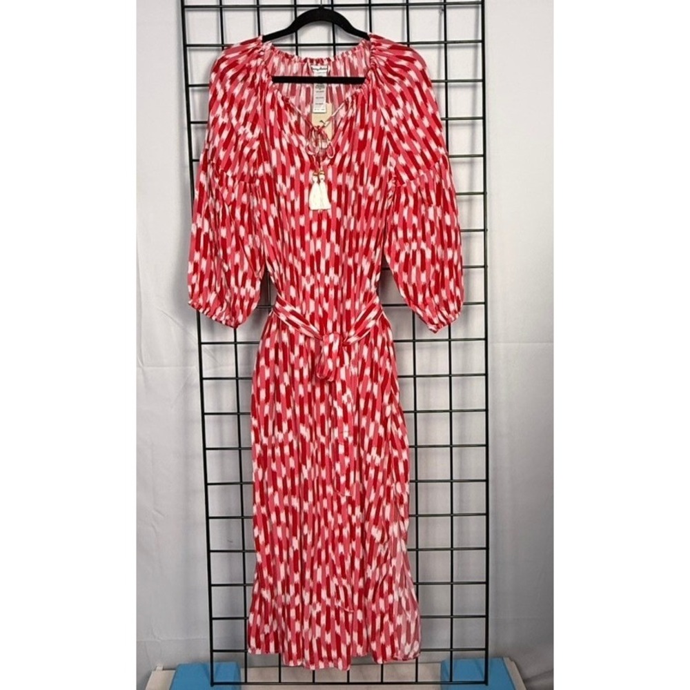 Tommy Bahama Ikat Stripe Midi Dress Womens Small Red Hibiscus Tassel Belted NEW